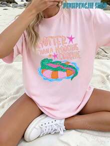Women's Later Gator Funny Pun Cute Crocodile Casual Oversized Graphic Tee, Last Day Of School, 4th Of July, Vacation, Summer Tops, Teacher Outfits - 藍白色 - 查看 1