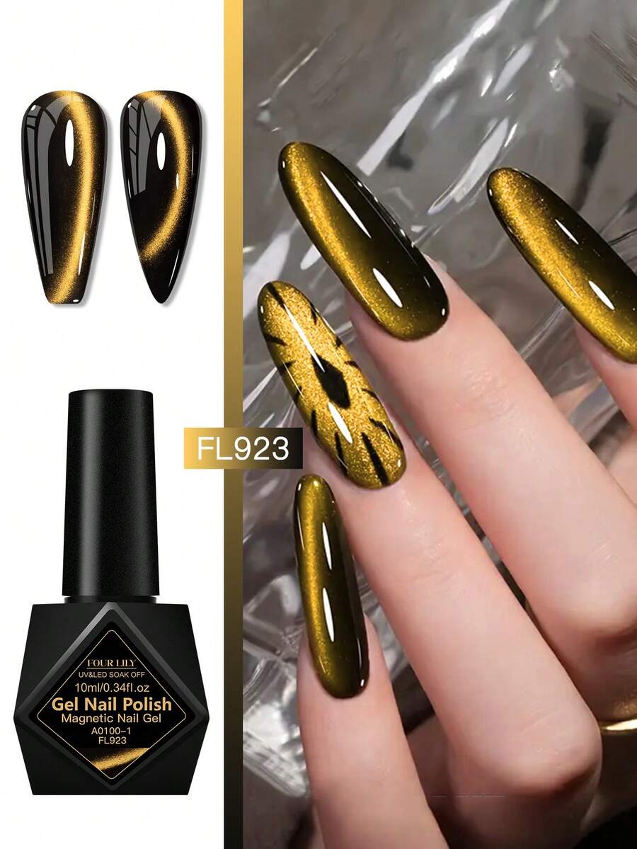 FOUR LILY 1pc 10ml Gold Gemstone Cat Eye Gel Nail Polish, Gold Glossy Magnetic Semi-Permanent Soak-Off UV LED Gel Nail Polish, Suitable For Summer Nail Art, Home And Salon DIY Nail Supplies
