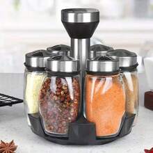 7pcs/Set Spice Jar Set Rack Glass Organizer Rotating Glass Seasoning Sugar Pepper Bottles Salt Shakers Holder Kitchen Storage Rack - Black - View 1