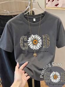Impala Women's Short-Sleeved Printed T-Shirt, Spring Clothing, Holiday Outfit, White For Summer, Beach Look, Vacation, Country Style, Women's Office Outfit. - 深灰色 - 查看 10
