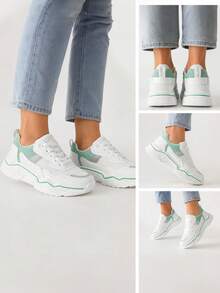 Women's sneakers with glitter inserts, sports shoes, laces, mesh + imitation leather, thick sole. - 薄荷綠 - 查看 2