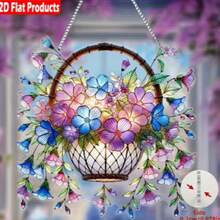2D Acrylic Window Hanging Garden Sun Catcher - Flower Basket Floral Pattern, Perfect For Home, Porch, Bedroom, Office, Outdoor Patio Window Decor - A - View 3