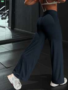 女士极简高腰阔腿裤，适合运动和跑步，舒适休闲运动紧身裤，弹力喇叭裤，通勤和瑜伽皆宜，针织面料，弹性舒适，适合日常穿着和运动。 - 水鴨藍 - 查看 3