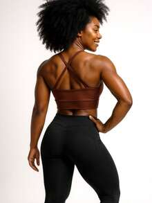 Set Of 3 Cropped Gym Tops With Thin Straps In An X-Shaped Design, Zero Transparency, With Removable Padding, Ref. 890 - 黑色,棕色和米色 - 查看 6