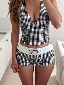 Damen Sommer Strandurlaub Karomuster Spaghettiträger Bindebikini Set mit Tanktop und Vier-Ecken-Höschen - Schwarz und Weiss - Übersicht 2