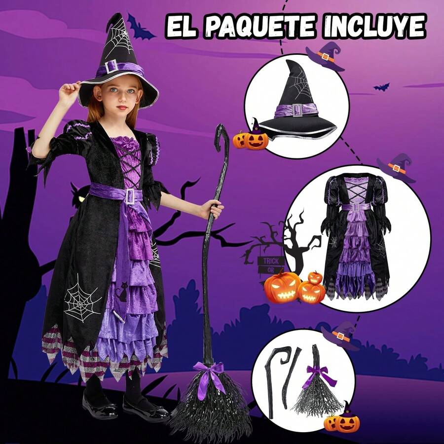 Disfraz De Bruja Infantil, Bonito Disfraz De Bruja De Cuento De Hadas De Lujo Con Sombrero De Escoba Para Fiesta De Halloween De Niñas. - S(115-125cm) - Ver 1