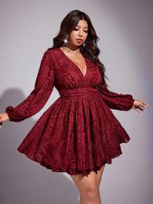 Viva Relle Vestido de mujer de talla grande de unicolor con escote en V profundo y mangas farol, de moda y sexy - Negro - Ver 8