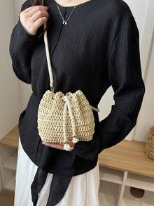 Bolso Bandolera Mini Tipo Cubo con Cadena de Color Liso de Moda - Caqui - Ver 2