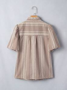 Acelitt Retro Western Karo-Pferdekopf-Stickerei mit kontrastierendem Schulterdesign und gekerbtem V-Ausschnitt, Prinzessinnenärmel, Damen lässig Top für den Sommer - Verschiedenfarbig - Übersicht 3