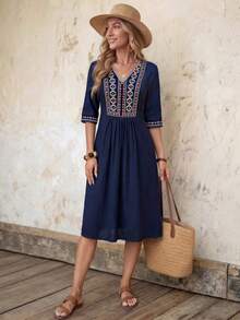 Vestido casual de longitud media con cuello en V y manga corta con estampado geométrico para mujer - Azul - Ver 4