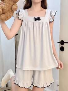2pcs/Set Women's Pajamas Loungewear Set, Romantic Solid Color Pullover Frill Trim Sleeveless Top And Simple Solid Color Shorts, Easy Care Fabric - Baby Blue - View 2