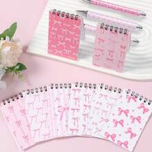 8 Sets Pink Bow Spiral Notebook And Pen Set, Tear-Off Notebook, Memo Pad, Portable Pocket Mini Notebook, Stationery Notebook, Student Prize, Party Gift, Notebook Gift Pack School Supplies - Bow Series - View 6