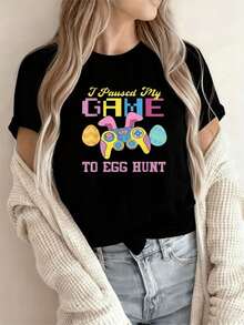 Camiseta de búsqueda de huevos de Pascua, diseño divertido de Pascua para mujer, impresa con el texto colorido I Passed Hunt Game, con un co - Negro - Ver 1