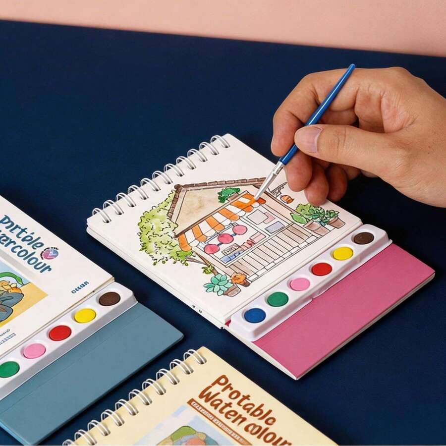 1本攜帶式水彩繪畫書,附1支畫筆,內建顏料,可愛動物/花卉場景,DIY繪畫套裝,適合學生與初學者返校使用 - 彩色 - 查看 1