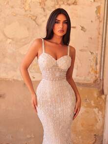 Faeriesty Elegant Women's Long Sequin Mermaid Formal Gown With Beaded Spaghetti Strap And Cup Details, Suitable For Romantic Evening Party Wedding Fall - Apricot - View 4