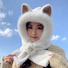 1/2pcs Soft Cute Cat Ear Plush Women's Winter Hat, Thick Warm Women's Winter Scarf, Knitted Fingerless Women's Winter Gloves, Full Set Of Women's Winter Accessories - Multicolor - View 2