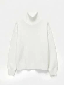 Plus Size Women's Elegant Faux Collar Knit Sweater, Long Sleeve Solid Color Drop Shoulder Pullover, Casual Street Style White - White - View 5
