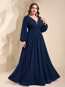 UNITHORSE Vestido de dama de honor de gasa plisada con escote en V profundo y mangas farol para mujer de talla grande - Azul Marino - Ver 3