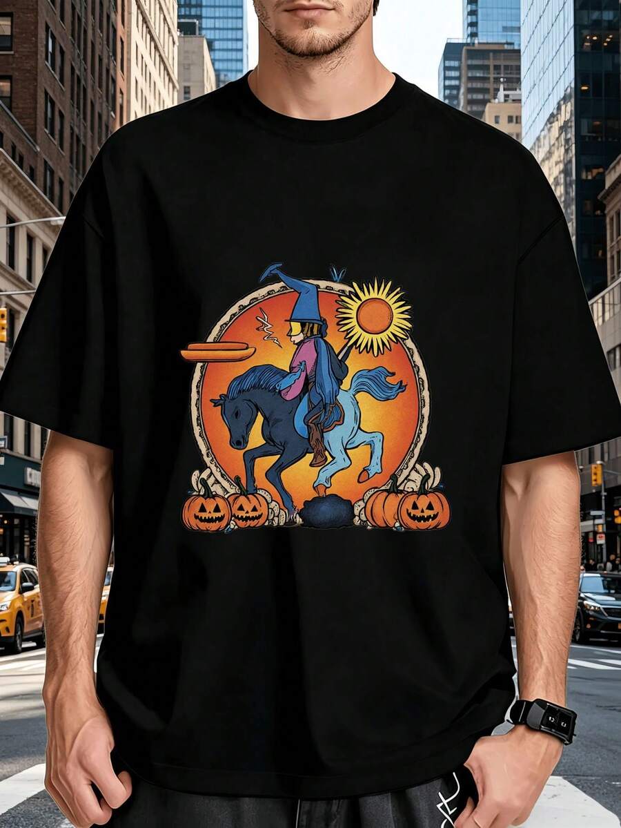 Men's T-Shirt With A Witch And Horses Print On A Full Moon, Festive Mexican Halloween Style, Whimsical Design With Glittery Pumpkins, Ideal For Fall Parties, Day Of The Dead, And More. - 黑色 - 查看 1