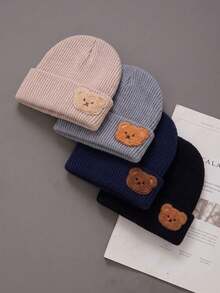 1/4pcs Baby Cute Plush Bear Knitted Hat, Autumn/Winter Warm Ribbed Knit Hat, Unisex Infant Toddler, Soft Breathable Elastic Cuffed Hat, - Multicolor - View 1