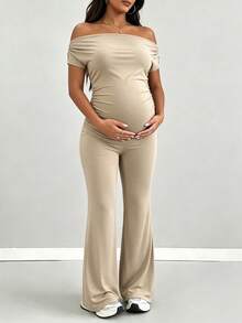 2pcs Maternity Set - Flared Pants & Casual Crop Top, Minimalist Elegant Gray Summer - Khaki - View 9