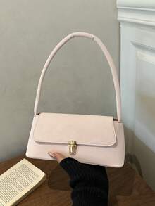 Soft PU Metal Buckle Decor Vintage Shell Baguette Shoulder Bag New Women's Handbag Small Square Bag - Pink - View 3