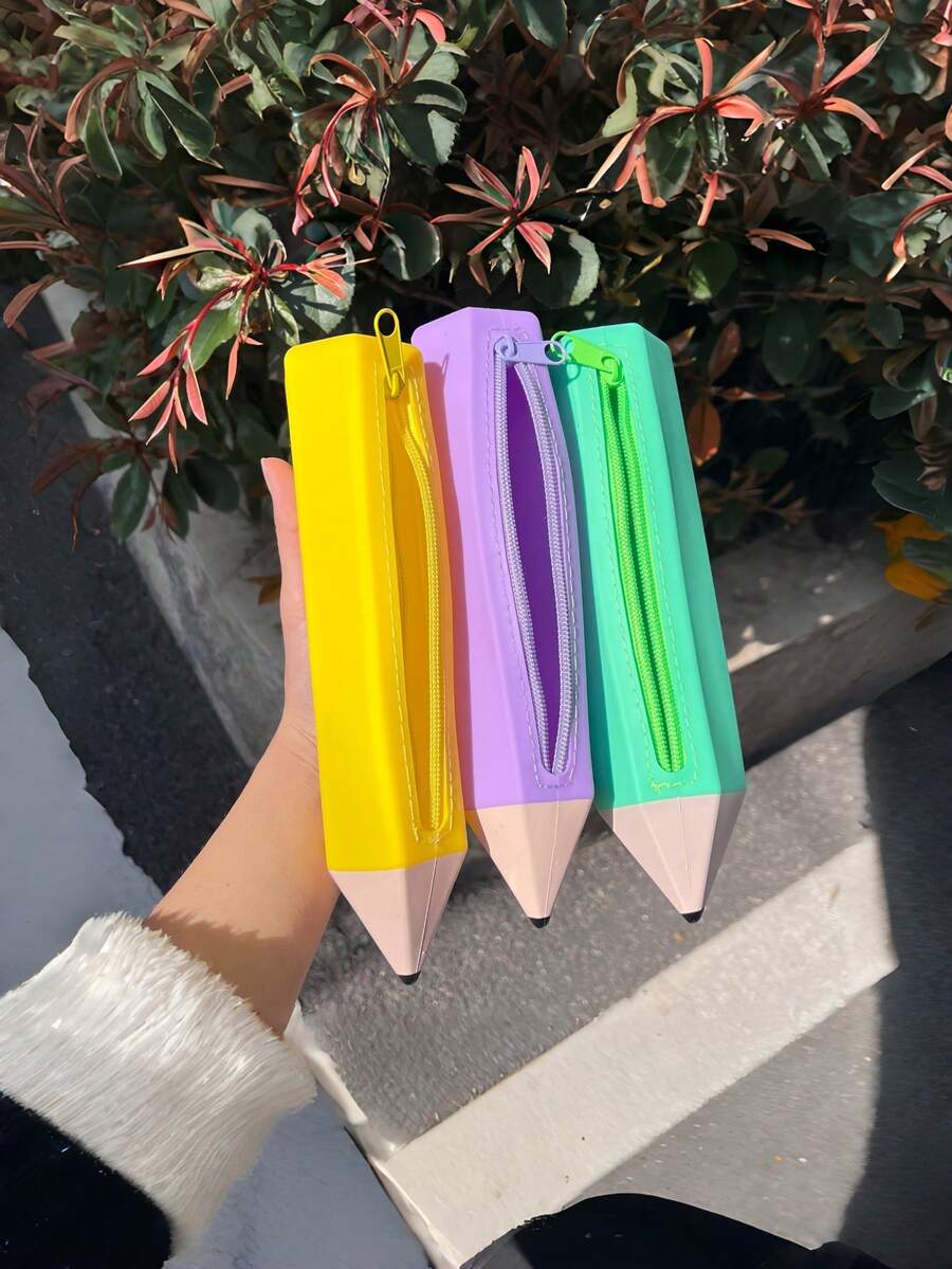 創意鉛筆造型矽膠筆袋,柔軟可水洗拉鍊收納袋,INS風趣味文具收納包,學生校園辦公室收納用品,返校季禮品批發,返校禮物 - A - 查看 1