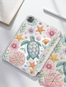 海龜與花卉圖案平板保護殼，相容 iPad Air 8 (M4) 2026 (11 吋) / 2026 (13 吋)、9.7/10.2/10.5/10.9/12.9/Pro 11/A16、第 10 代、Kindle Paperwhite 第 12 代 2024、Kindle (第 11 代 - 2024 發行)，柔軟防震，智慧休眠/喚醒功能，Y 型折疊平板保護殼，多角度視角 - 彩色 - 查看 2