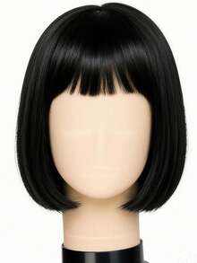 12 Inch Black Straight Synthetic High Temperature Resistant Wig With Bangs, Fluffy Fashionable Women's Cosplay Wig For Halloween, Christmas, Party, Carnival - Black - View 8