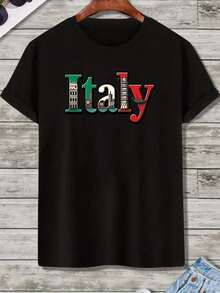 Men's Italian T-Shirt Featuring A Map And Flag Of Italy, Including The Leaning Tower Of Pisa And The Colosseum. Lightweight And Breathable, Ideal For Holidays In Italy. Retro Italian Design. - 黑色 - 查看 1