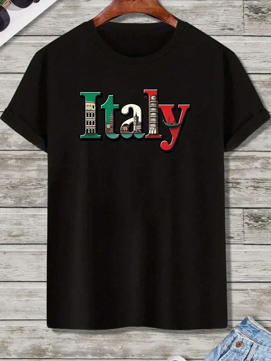 Men's Italian T-Shirt Featuring A Map And Flag Of Italy, Including The Leaning Tower Of Pisa And The Colosseum. Lightweight And Breathable, Ideal For Holidays In Italy. Retro Italian Design. - 黑色 - 查看 1