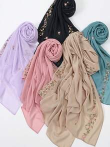 1件女款花卉刺繡雪紡披肩圍巾，適合日常穿著或送禮 - 杏色 - 查看 5