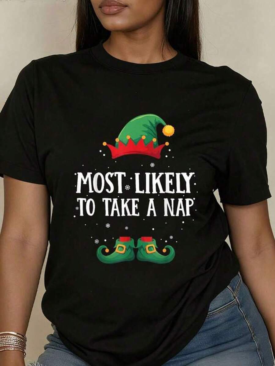 Camiseta de elfo navideño a juego con la mayor probabilidad de tomar una siesta, camisetas gráficas, moda femenina, camiseta casual, estilo de arte