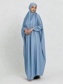 1pc Women's Solid Color Nida Fabric Breathable Skin-Friendly Loose Comfortable Abaya With Tie Closure For Easy Wear, Prayer, Jilbab Robe, Dubai Hijab - 42# Haze Blue - View 2
