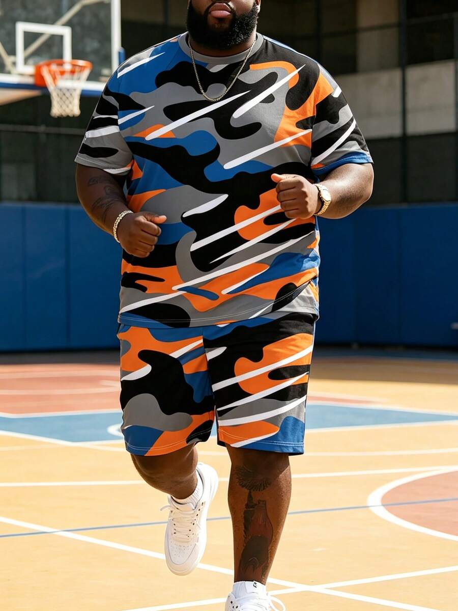 "Contrast Camouflage Print" Pattern Sports Set - Polyester Knit Fabric, Men's Sports Casual Minimalist Series Exquisite Design, Crew Neck, Drawstring Shorts, Pocket Detail, Regular Fit, Suitable For Plus Size - Multicolor - View 1