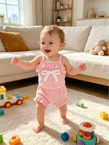 2pcs Baby Girls' Cute & Sweet Waffle Knit Embroidered Camisole And Shorts Set, Lightweight Summer Outfit - Baby Pink - View 1