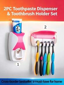 2pcs Automatic Toothbrush & Toothpaste Dispenser Set, Wall-Mounted Toothpaste Squeezer And Toothbrush Holder Set, Fully Automatic Toothbrush Holder + Toothbrush Rack Set, No-Drill Wall-Mounted 5-Slot Toothbrush Holder, Suitable For Kids, Family And Bathroom Use, Mother's Day Gift - Multicolor - View 14