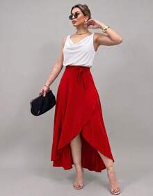 Long Wrap Skirt With Tie-Up Fashion Blogger - 紅色 - 查看 3