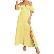 New Style Summer Dress With Puff Sleeves, Strapless, Solid Color, Short Sleeves And Slit At The Hem For Women. - 黃色 - 查看 3