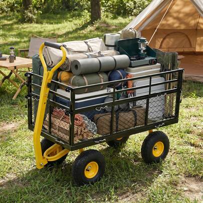 LYHO ガーデンカート 4輪 カゴ台車 大型 2Way メッシュ台車 耐荷重500KG 収穫カート 手押し台車 運搬車 回転ハンドル フェンス取り外し可能 エアタイヤ ガーデンワゴン キャリーカー 農業 庭 ガーデニング 倉庫 キャンプ アウトドア おしゃれ