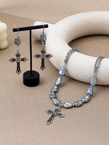 3pcs Vintage Distressed Silver-Tone Baroque Faux Pearl Jewelry Set, Iridescent Asymmetrical Baroque Faux Pearl Necklace With Carved Black Enamel Cross Pendant, Gothic Cross Drop Earrings, Western Religious Style Women's Party Accessories - Multicolor - View 6