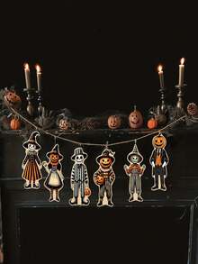 1 Set Halloween Character Hanging Banners, Pumpkin Gentleman & Skeleton Maid Paper Cutout Garland, Halloween Home Wall, Window, Front Door Party Background Decoration - A - View 6