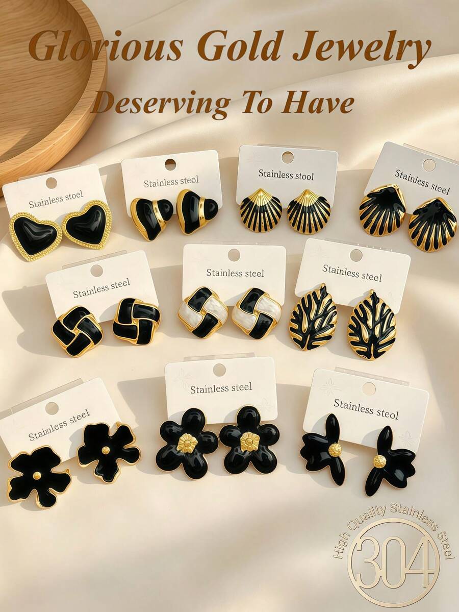 24/18/12 pezzi Orecchini in acciaio inossidabile 304 stile elegante, con motivi di api, fiocchi, cuori, fiori, foglie, conchiglie e motivi geometrici. Ipoallergenici. Questi orecchini in acciaio inossidabile minimalisti e alla moda sono perfetti per l'uso quotidiano delle donne e sono ottimi regali per le amiche. Ritorno a scuola, regalo di San Valentino - Kit per gocciolare l'olio - Visualizzare 1