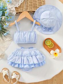 Sweet Style Woven Floral Print All-Over Print Camisole With Bow Decor Triangle Spaghetti Strap Dress Elastic Waist Vacation Cake Layered Skirt Girls Set And Hat Set Summer Daily Wear - Baby Blue - View 2