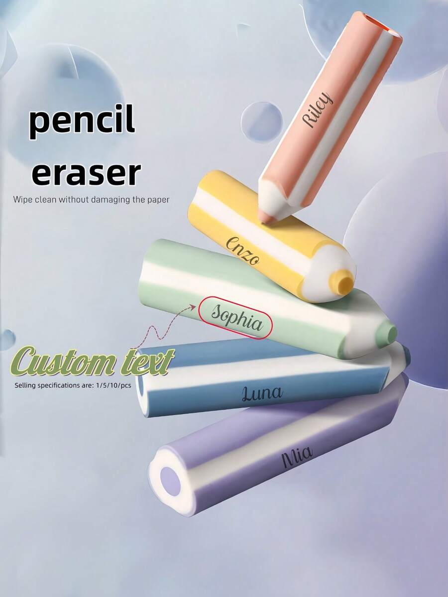 1/5/10pcs Customized Pencil-Shaped Erasers, Drawing Erasers, Dust-Free Ultra-Clean No-Trace Stationery Learning Supplies, Suitable For Back To School Season - Multicolor - View 1