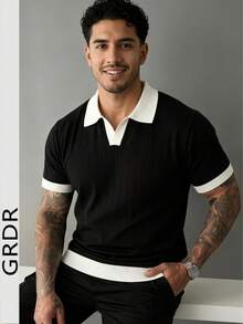 GRDR 男士夏季輕量針織短袖上衣，對比飾邊設計，時尚休閒 T-shirt - 黑色 - 查看 4