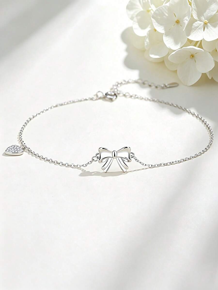 1pc S925 Sterling Silver Bow & Heart Full Rhinestone Thin Ankle Chain, Ins Korean Style Minimalist Sweet Personalized Gentle Girl Elegant Versatile Foot Jewelry, Women's Summer Beach Vacation Photo Outfit Adjustable Anklet, Exquisite Valentine's Day Gift - Bow - View 1