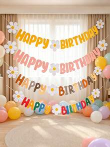 1 Set Floral Bunting, Colorful Flags, HB Happy Birthday Daisy Bunting, Mori Style English Happy Birthday Pink Bunting, Birthday Decoration, Suitable For Birthday Party, Theme Party, Anniversary - Raise the Flag - View 6
