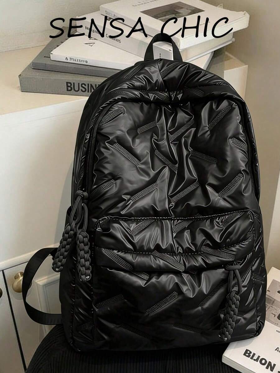 時尚經典學生後背包,新款經典大學風,純色菱格紋設計,大容量多口袋後背包,亦適合旅行與度假,校園上課使用與短途旅行的理想選擇 - 黑色 - 查看 1