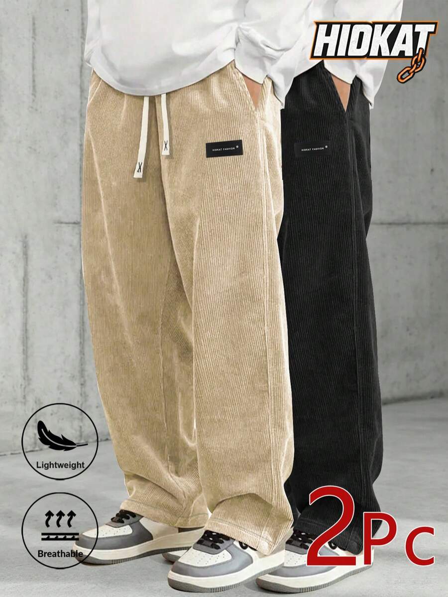 Men's Elastic Waist Corduroy Pants, Drawstring Retro Straight Leg Casual Sweatpants, Spring/Autumn Sports